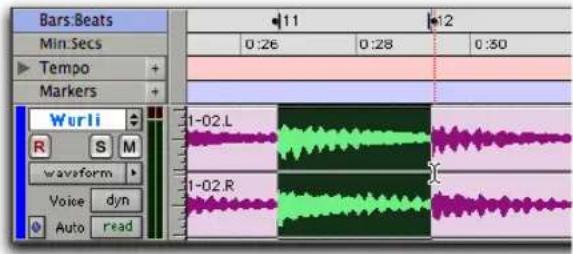 Bars:Beats Min.Secs Tempo Markers Wurli R S M waveform Voice dyn Auto read 1-02.L 1-02.R 11 12 0:26 0:28 0:50