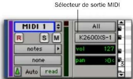 Sélecteur de sortie MIDI MIDI 1 All K2600XS-1 vol 127 pan >0