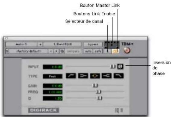 Bouton Master Link Boutons Link Enable Sélecteur de canal TOM Auto 3 1-Band/3.8 bypass factory default INPUT TYPE GAIN FREQ Q Inversion de phase DIGIRACK 10 II
