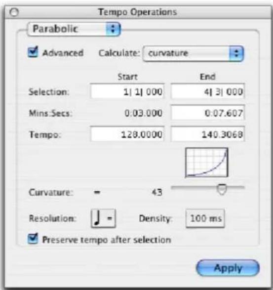 Tempo Operations Parabolic Advanced Calculate: curvature Start End Selection: 1| 1| 000 4| 3| 000 Mins:Secs: 0.03.000 0.07.607 Tempo: 128.0000 140.3068 Curvature: = 43 Resolution: = Density: 100 ms Preserve tempo after selection Apply