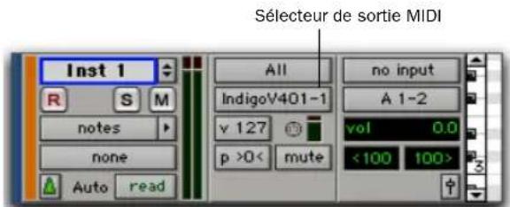 Sélecteur de sortie MIDI Inst 1 All no input IndigoV401-1 A 1-2 v 127 vol 0.0 p >0< mute <100 100>