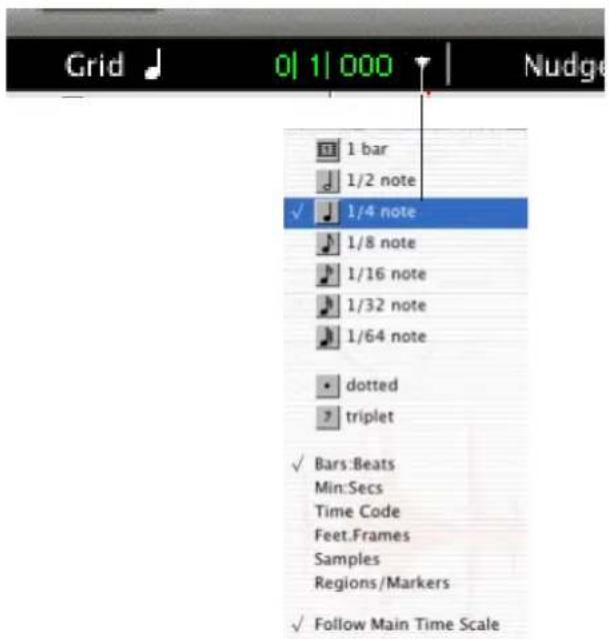 Grid 0|1|000 Nudge 1 bar 1/2 note ✓ 1/4 note 1/8 note 1/16 note 1/32 note 1/64 note • dotted triplet ✓ Bars:Beats Min:Secs Time Code Feet.Frames Samples Regions/Markers ✓ Follow Main Time Scale