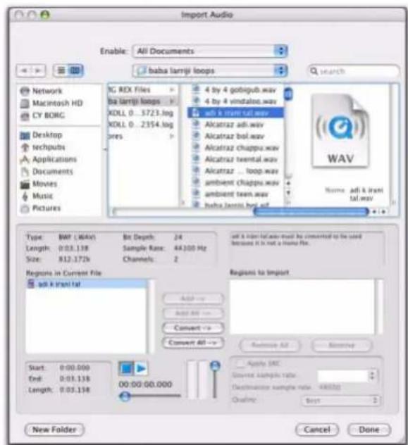 Import Audio Enable: All Documents babu larrji loops Network Macintosh HD CY BORG Desktop techputs Applications Documents Movies Music Pictures IC REX Files ba larrji loops XDLL 0...5723.log XDLL 0...2354.log 4 by 4 gobigub.wav 4 by 4 vindaloo.wav adi & lrant tal.wav Alcatraz adi.wav Alcatraz bol.wav Alcatraz chappu.wav Alcatraz tealal.wav Alcatraz ... loop.wav ambient chappu.wav ambient teen.wav babu larrji bsd.adl WAV Name: adi & lrant tal.wav Type: BWY (MAV) Length: 0.03.138 Size: 812.172k Bit Depth: 24 Sample Rate: 44.100 Hz Channels: 2 Regions in Current File add k lrant tal Add → Add Alt → Convert → Convert Alt → Start: 0:00.000 End: 0:03.138 Length: 0:03.138 00:00:00.000 Apply SAC Source Sample rate: Destination sample rate: 44.100 Quality: Best New Folder Cancel Done