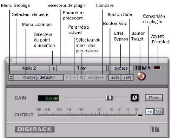 Menu Settings Sélecteur de piste Menu Librarian Sélecteur du point d'insertion Paramètre précédent Paramètre suivant Sélecteur du menu des paramètres Compare Bouton Safe Bouton Auto Effet Bypass Bouton Target Conversion du plug in Voyant d'écrétage Audio 2 a Trim bypass TOM compare auto safe GAIN 0.0 dB Mute OUTPUT -96 -48 -24 -18 -12 -6 -3 -2 -1 0 +6 -12 DIGIRACK TRIM