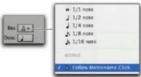 Res Dens 1/1 note 1/2 note 1/4 note 1/8 note 1/16 note dotted Follow Metronome Click