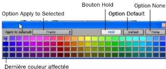 Option Apply to Selected Bouton Hold Option None Option Default Apply to Selected: Tracks Hold Default None Dernière couleur affectée