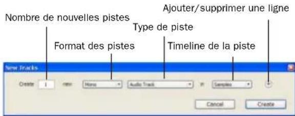 Nombre de nouvelles pistes Format des pistes Ajouter/supprimer une ligne Type de piste Timeline de la piste New Tracks Create 1 mini Hana Audio Track Sample Cancel Create