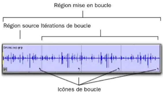Région mise en boucle Région source Itérations de boucle Drum100 grp Icones de boucle