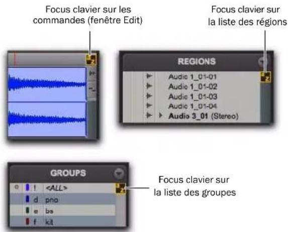 Focus clavier sur les commandes (fenêtre Edit) Focus clavier sur la liste des régions REGIONS Audio 1_01-01 Audio 1_01-02 Audio 1_01-03 Audio 1_01-04 Audio 3_01 (Stereo) GROUPS Focus clavier sur la liste des groupes