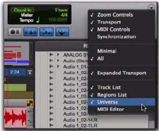 Avid Pro Tools 8.0 - Pour afficher (ou masquer) la vue Universe dans la fenêtre Edit, effectuez une des opérations suivantes : - 1