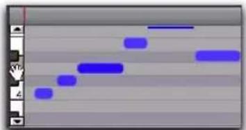 Avid Pro Tools 8.0 - Pour faire défiler l'affichage des notes d'une piste MIDI ou d'une piste d'instrument vers le haut ou vers le bas, procédez d'une des manières suivantes : - 2