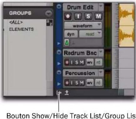 Avid Pro Tools 8.0 - Pour afficher (ou masquer) la liste des pistes (et la liste des groupes), procédez de l'une des manières suivantes : - 1