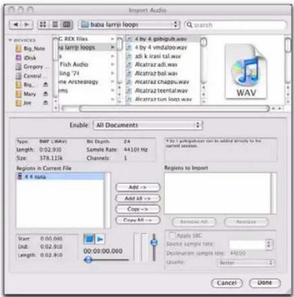Avid Pro Tools 8.0 - Pour importer des fichiers ou des régions audio dans une session à l'aide de la commande Import Audio : - 1