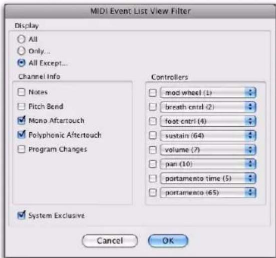 Avid Pro Tools 8.0 - Exemple : pour filtrer les messages Aftertouch et System Exclusive dans la liste des événements MIDI : - 2