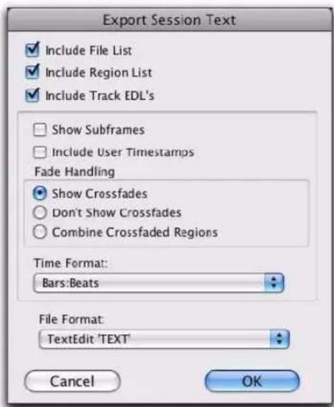 Avid Pro Tools 8.0 - Options de la boîte de dialogue Export Session Text - 1