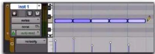 Avid Pro Tools 8.0 - Par exemple, pour insérer une série de notes avec des vélocités aléatoires dans la fenêtre Edit : - 1