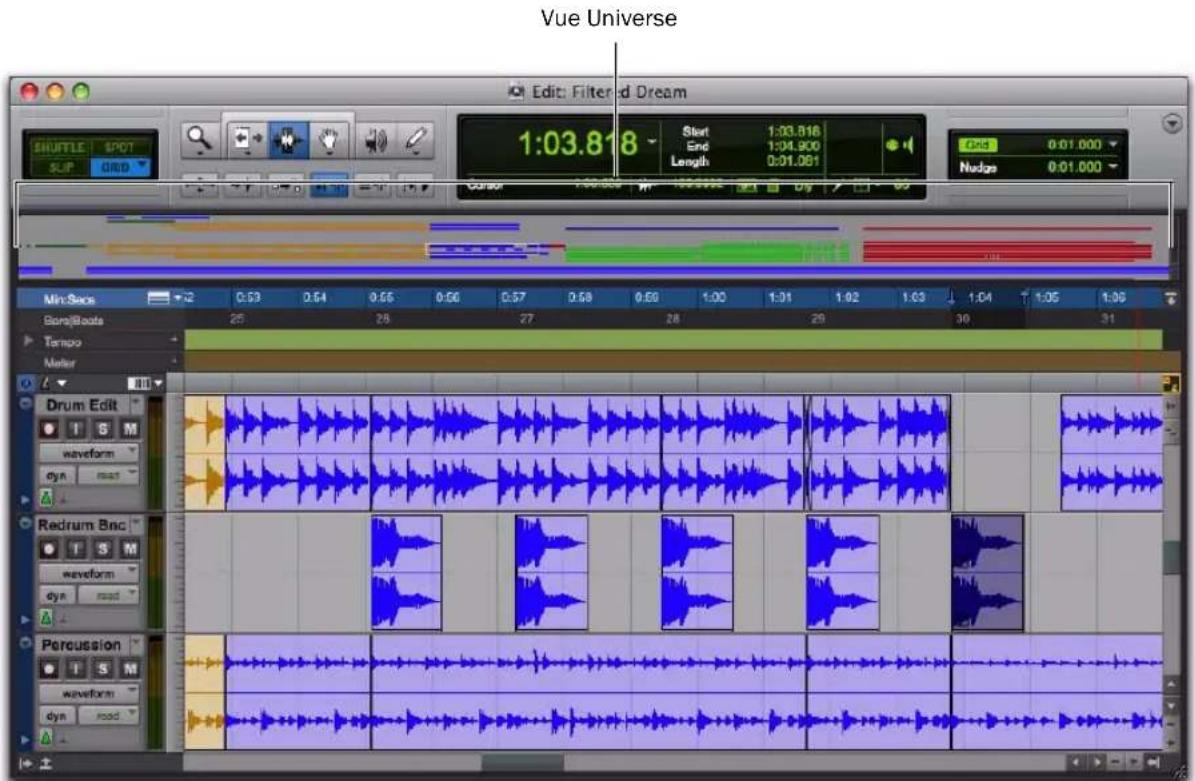 Avid Pro Tools 8.0 - Pour afficher (ou masquer) la vue Universe dans la fenêtre Edit, effectuez une des opérations suivantes : - 4