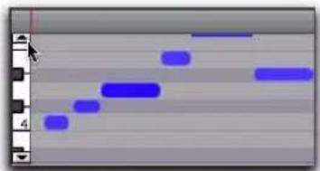 Avid Pro Tools 8.0 - Pour faire défiler l'affichage des notes d'une piste MIDI ou d'une piste d'instrument vers le haut ou vers le bas, procédez d'une des manières suivantes : - 1