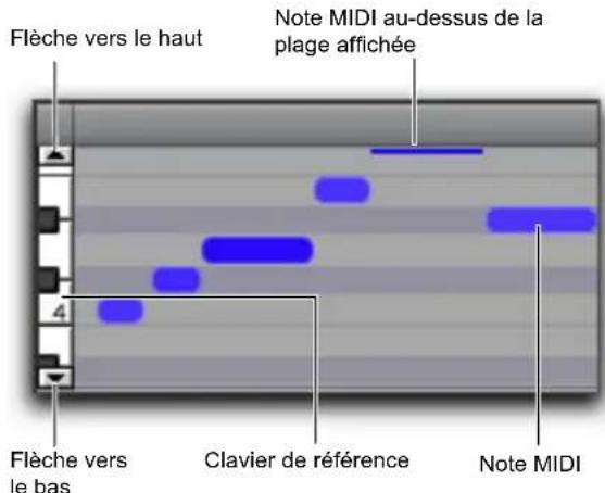 Flèche vers le haut Note MIDI au-dessus de la plage affichée 4 Flèche vers le bas Clavier de référence Note MIDI