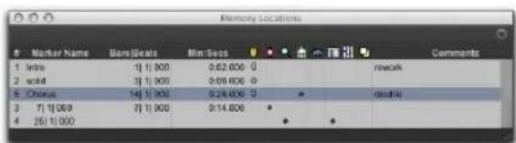 Memory Locations Marker Name Bar Beats Min Bees Comments 1 Intro 1) 1 000 0.62 600 0 nework 2 scold 3) 1 000 0.69 600 3 Chorus 14) 1 000 0.28 600 0 serious 4 7) 1 000 7) 1 000 0.14 600 5 26) 1 000