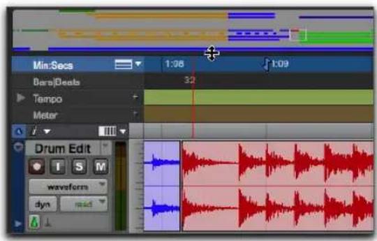 Min:Secs 1:08 1:09 Dars|Deats 32 Tempo Meter Drum Edit waveforms dyn read