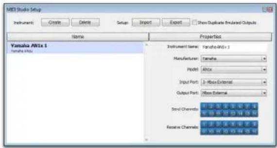 MSCI Studio Setup Instrument: Create Delete Setup Import Export Show Duplicate Enloaded Outputs Name Properties Yamaha Altix 1 Yamaha Altix Instrument Name: Yamaha Altix 1 Manufacturer: Yamaha Model: Altix Input Port: 3 - Max External Output Port: Max External Send Channels: 1 2 3 4 5 6 7 8 9 10 11 12 13 14 15 16 Receive Channels: 1 2 3 4 5 6 7 8 9 10 11 12 13 14 15 16