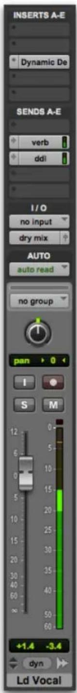 INSERTS A-E Dynamic De SENDS A-E verb ddl I/O no input dry mix AUTO auto read no group pan 0 I S M 12 5 10 15 20 25 30 35 40 45 50 60 +1.4 -3.4 dyn Ld Vocal