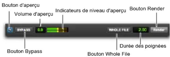 Bouton d'aperçu Volume d'aperçu Indicateurs de niveau d'aperçu Bouton Render BYPASS 0.0 WHOLE FILE 2.00 Render Bouton Bypass Durée des poignées Bouton Whole File