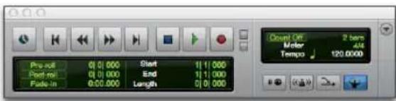 Pro-off 0:0.000 Start 1:1.000 Post-mi 0:0.000 End 1:1.000 Fade-in 0:0.000 Length 0:0.000 Clock Off Meter 2 bars A/A Tempo 120.0000