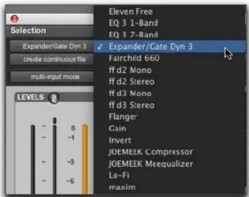 Selection Expander/Gate Dyn 3 Create continuous file multi-input mode LEVELS 0 -1 -3 -6 Eleven Free EQ 3 1-Band EQ 3 7-Band ✓ Expander/Cate Dyn 3 Fairchild 660 ff d2 Mono ff d2 Stereo ff d3 Mono ff d3 Stereo Flanger Gain Invert JOEMEEK Compressor JOEMEEK Meequalizer Lo-Fi maxim