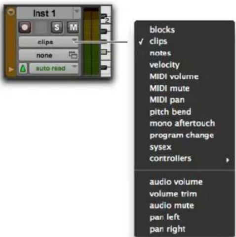 Inst 1 blocks ✓ clips notes velocity MIDI volume MIDI mute MIDI pan pitch bend mono aftertouch program change sysex controllers audio volume volume trim audio mute pan left pan right