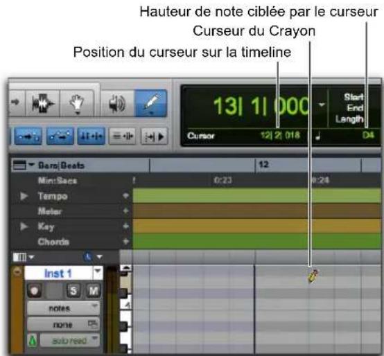 Hauteur de note ciblée par le curseur Curseur du Crayon Position du curseur sur la timeline 131 11 000 Cursor 121 21 018 Start End Length D4 Daro/Beats Min:Sacs 0:23 0:24 Tempo Meter Key Chords Inst 1 notes none solo/read