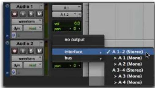 Audio 1 A 1 A 1.2 vol 0.0 pan > 0 no output interface bus A 1-2 (Stereo) >A 1 (Mono) >A 2 (Mono) >A 3-4 (Stereo) >A 3 (Mono) >A 4 (Mono)