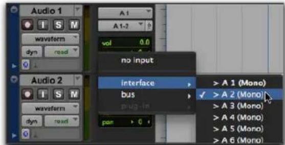 Audio 1 waveform dyn read A1 A1-2 vol 0.0 no input interface bus plug-in par > A 1 (Mono) ✓ > A 2 (Mono) > A 3 (Mono) > A 4 (Mono) > A 5 (Mono) > A 6 (Mono)