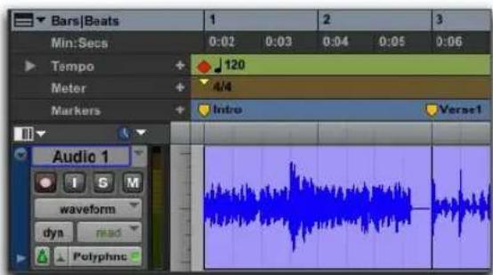 Bars|Beats 1 2 3 Min:Secs 0:02 0:03 0:04 0:05 0:06 Tempo 120 Meter 4/4 Markers Intro Verse1 Audio 1 I S M waveform dyn read Polyphnc