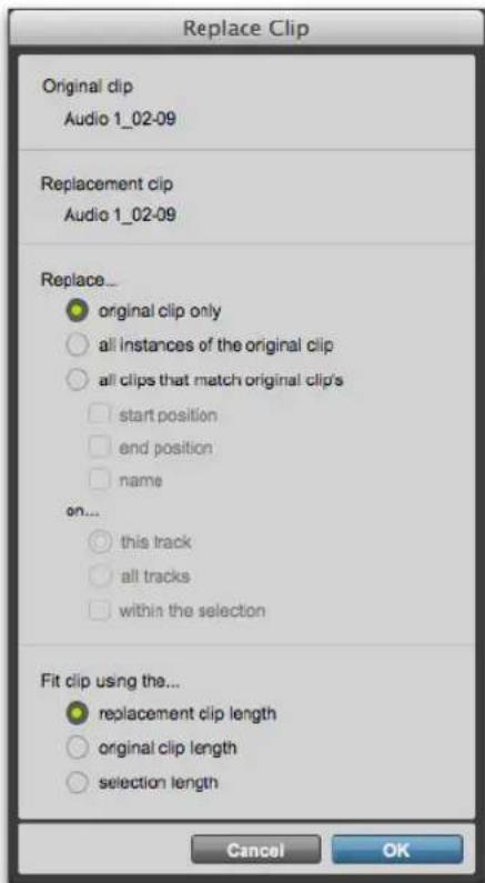 Avid Pro Tools 11.0 - Options de la boîte de dialogue Replace Clip - 1