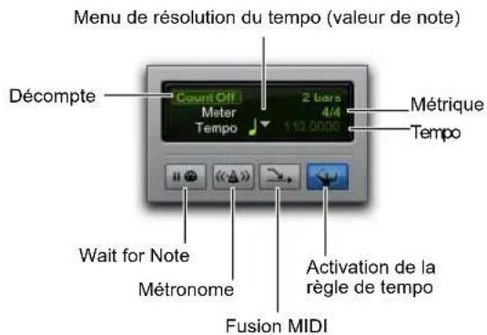 Menu de résolution du tempo (valeur de note) Décompte Count Off 2 liars Métrique Mater 4/4 Tempo 110.0000 Tempo Wait for Note Métronome Activation de la règle de tempo Fusion MIDI