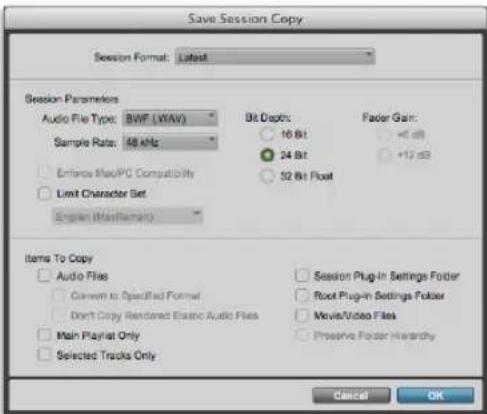 Save Session Copy Session Format: Latest Session Parameters Audio File Type: BWF (WAV) Sample Rate: 48 kHz Enhance Max/PC Compatibility Limit Character Set Engen (Max/Human) Bit Drop: 16 Bit 24 Bit 52 Bit Float Fader Gain: +0 dB +13 dB Items To Copy Audio Files Convert to Specified Format Don't Copy Rendered Basic Audio Files Main Playlist Only Selected Tracks Only Session Plug-In Settings Folder Root Plug-In Settings Folder Movie/Video Files Positive Folder Hierarchy Cancel OK