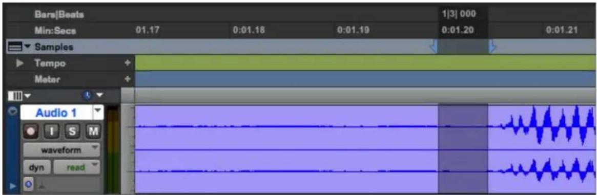Bars|Beats Min:Secs 01.17 0:01.18 0:01.19 0:01.20 0:01.21 Samples Tempo Meter Audio 1 I S M waveform dyn read