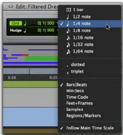 Edit: Filtered Dress Grid 0| 1| 000 Nudge 0| 1| 000 1 bar 1/2 note 1/4 note 1/8 note 1/16 note 1/32 note 1/64 note . dotted triplet Bars|Beats Min:Secs Time Code Feet+Frames Samples Regions/Markers Follow Main Time Scale