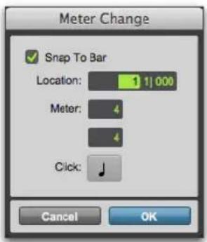 Meter Change ✓ Snap To Bar Location: 1 | 000 Meter: 4 4 Click: Cancel OK