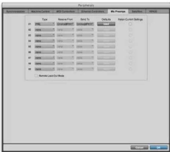 Peripherals Sub-Information Machine Options MCC Sub-System Ethernet Controls Mix Prespings Settings VERU Type Reverse From Send To Default Return Current Settings 01 PNE 02 none 03 none 04 none 05 none 06 none 07 none 08 none 09 none Remote Lock-Out Mode Cancel OK