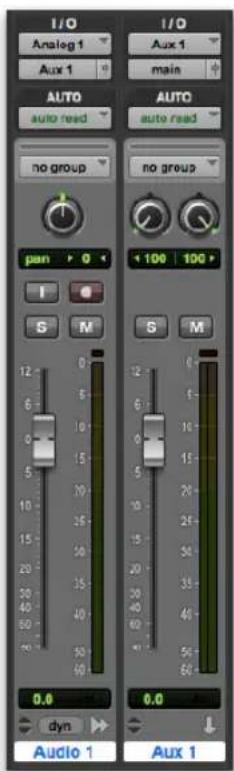 I/O Analog 1 Aux 1 I/O Aux 1 main AUTO auto read no group AUTO auto read no group pan > 0 100 100 S M S M 0.0 0.0 dyn Audio 1 Aux 1