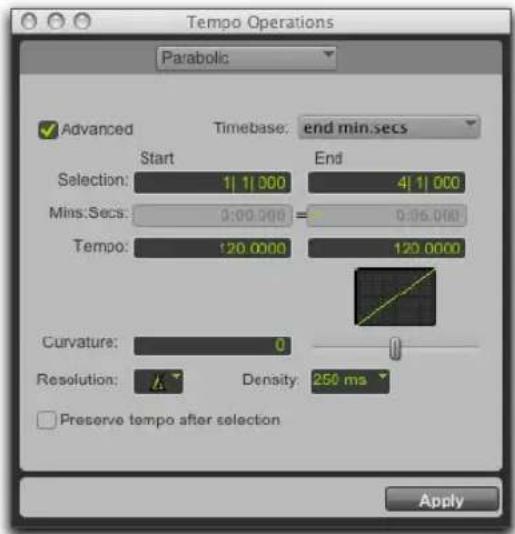 Tempo Operations Parabolic Advanced Timebase: end min.secs Start End Selection: 1 | 1 | 000 4 | 1 | 000 Mins.Secs: 0:00.000 = 0:06.000 Tempo: 120.0000 120.0000 Curvature: 0 Resolution: Density: 250 ms Preserve tempo after selection Apply