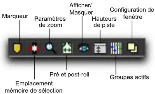 Marqueur Paramètres de zoom Afficher/ Masquer Configuration de fenêtre Hauteurs de piste Pré et post-roll Emplacement mémoire de sélection Groupes actifs