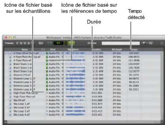 Icône de fichier basé sur les échantillons Icône de fichier basé sur les références de tempo Durée Tempo détecté
