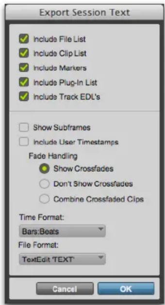 Avid Pro Tools 11.0 - Options de la boîte de dialogue Export Session Text - 1