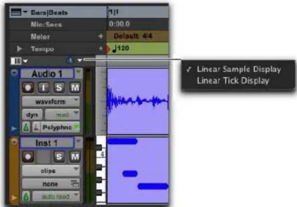 Bags|Deats Min:Secs 0:00.0 Meter Default: 4/4 Tempo 120 Audio 1 S M wavform dyn Polyphne Inst 1 S M clips none auto read Linear Sample Display Linear Tick Display