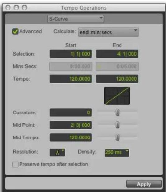 Tempo Operations S-Curve Advanced Calculate: end min:secs Start End Selection: 1 | 1 | 000 4 | 1 | 000 Mins:Secs: 8:00.000 0:05.000 Tempo: 120.0000 120.0000 Curvature: 0 Mid Point: 2 | 3 | 000 Mid Tempo: 120.0000 Resolution: Density: 250 ms Preserve tempo after selection Apply