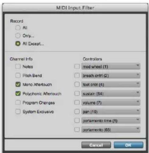 MIDI Input Filter Record All Only... All Except... Channel Info Notes Pitch Bend Mono Afertouch Polychonic Afertouch Program Changes System Exclusive Controllers mod wheel (1) breath ctrl (2) foot ctrl (4) sustain (04) volume (7) pan (10) portamento time (5) portamento (65) Cancel OK